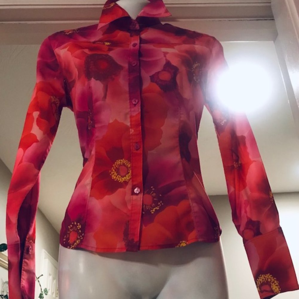 RARE! Vintage Y2K Express Fitted Stretch Western-Cut Rodeo Rose Shirt Blouse Top